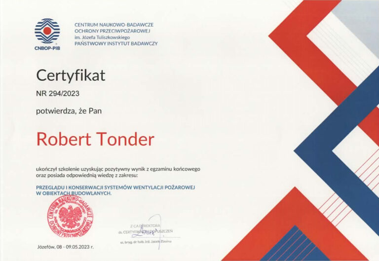 certyfikat przegląd i konserwacja urządzeń wentylacji przeciwpożarowej w obiektach budowlanych